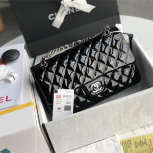 Chanel Medium Classic Flap Bag Patent Calfskin Silver Tone Metal Black 01112
