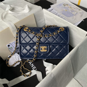 Chanel Vintage Small Classic Flap Bag Lambskin Gold Tone Metal Blue AS3587