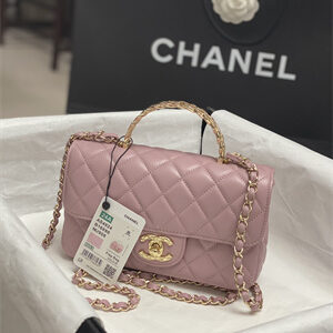 Chanel Mini Flap Bag With Top Handle Shinny Lambskin Gold Tone Metal Pink AS4924
