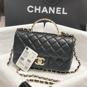 Chanel Mini Flap Bag With Top Handle Shinny Lambskin Gold Tone Metal Black AS4924