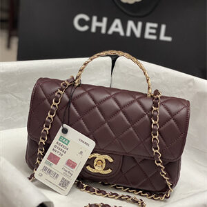 Chanel Mini Flap Bag With Top Handle Shinny Lambskin Gold Tone Metal Burgundy AS4924