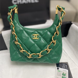 Chanel Small Hobo Bag Shiny Lambskin Gold Tone Metal Green AS4922