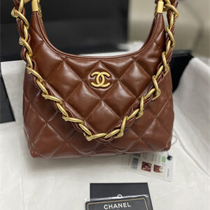 Chanel Small Hobo Bag Shiny Lambskin Gold Tone Metal Brown AS4922