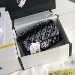 Cha.nel Mini Classic Flap Bag Patent Calfskin Silver Tone Metal Red 01116