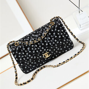 Chanel Medium Classic Handbag Black Calfskin With White Letters AS1112
