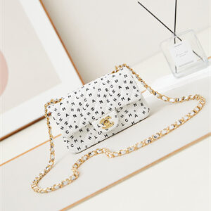 Chanel Mini Classic Handbag White Calfskin With Black Letters AS1116