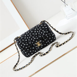 Chanel Mini Classic Handbag Black Calfskin With White Letters AS1116