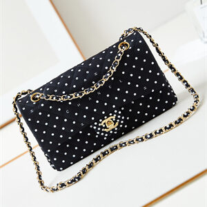 Chanel Medium Classic Handbag Black Fabric with White Dot AS4720