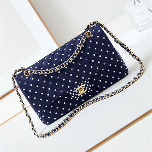 Chanel Medium Classic Handbag Dk Blue Fabric with White Dot AS4720