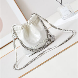 Chanel 22 Mini Handbag Shiny Calfskin Silver Tone Metal White AS3980