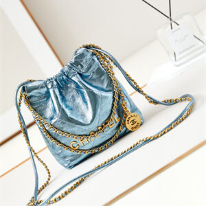 Chanel 22 Mini Handbag Metallic Calfskin Gold Tone Metal Blue AS3980
