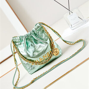 Chanel 22 Mini Handbag Metallic Calfskin Gold Tone Metal Green AS3980