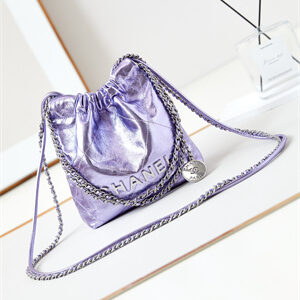 Chanel 22 Mini Handbag Metallic Calfskin Silver Tone Metal Purple AS3980