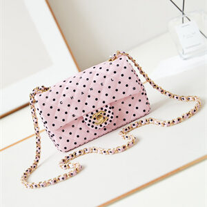 Chanel Mini Classic Handbag Pink Fabric with Black Dot A69900