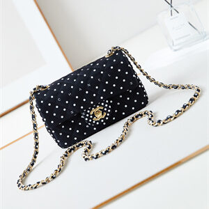Chanel Mini Classic Handbag Black Fabric with White Dot A69900