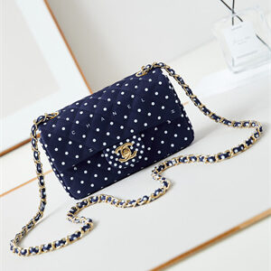 Chanel Mini Classic Handbag Dk Blue Fabric with White Dot A69900