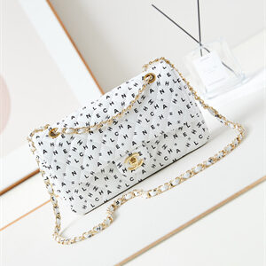 Chanel Medium Classic Handbag White Calfskin With Black Letters AS1112