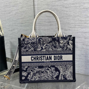 CD Small Book Tote With Strap Blue and Ecru Toile de Jouy Reverse Embroidery and Blue Calfskin