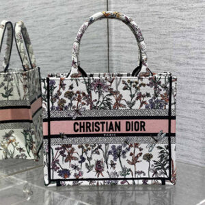 CD Small Book Tote White Multicolor Dior Herbarium Embroidery