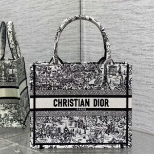 CD Small Book Tote White and Black Paris Allover Embroidery