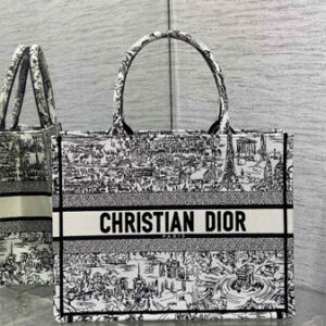 CD Medium Book Tote White and Black Paris Allover Embroidery