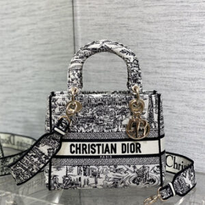 CD Medium Lady Di.or D-Lite Bag White and Black Paris Allover Embroidery
