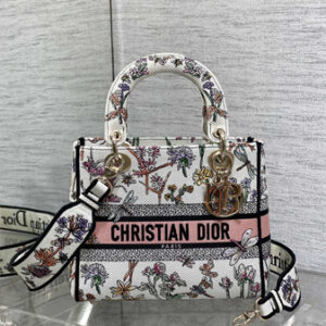 CD Medium Lady Di.or D-Lite Bag White Multicolor Dior Herbarium Embroidery