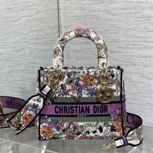 CD Medium Lady Di.or D-Lite Bag White Multicolor Dior 4 Saisons Été  Embroidery