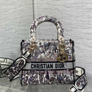 CD Medium Lady Di.or D-Lite Bag White Multicolor Dior 4 Saisons Hiver Embroidery