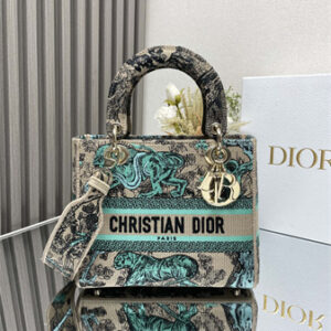 CD Medium Dioriviera Lady D-Lite Bag Raffia with Aquamarina Toile de Jouy Sauvage Embroidery