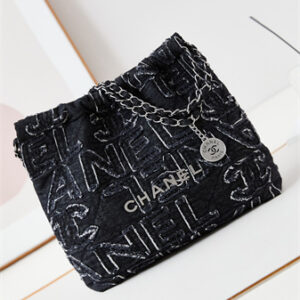 Cha.nel 22 Small Handbag Black Denim Silver Tone Metal AS3260