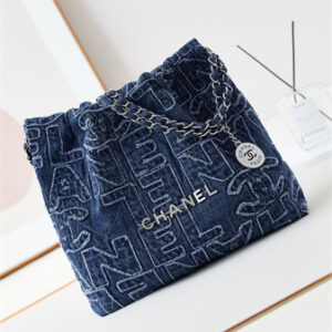 Cha.nel 22 Small Handbag Dk Blue Denim Silver Tone Metal AS3260