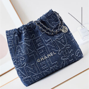 Cha.nel 22 Medium Handbag Dk Blue Denim Silver Tone Metal AS3261