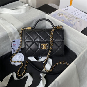 Chanel Mini Flap Bag With Top Handle Grained Shinny Calfskin Gold Tone Metal Black AS4956