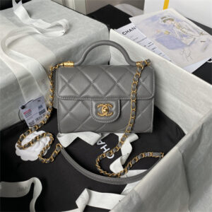 Chanel Mini Flap Bag With Top Handle Lambskin Gold Tone Metal Grey AS4956