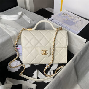 Chanel Flap Bag With Top Handle Grained Shinny Calfskin Gold Tone Metal White AS4957