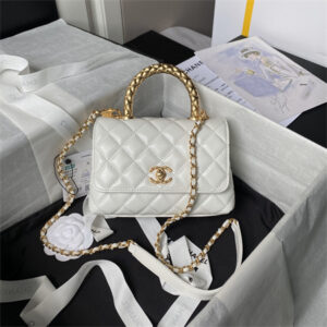 Chanel Mini Coco Handle Bag Shinny Calfskin Aged Gold Metal White AS2215