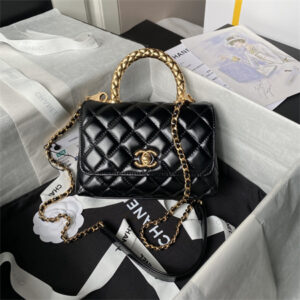 Chanel Mini Coco Handle Bag Shinny Calfskin Aged Gold Metal Black AS2215