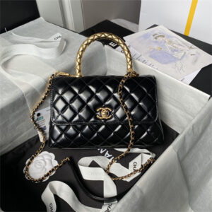 Chanel Small Coco Handle Bag Shinny Calfskin Aged Gold Metal Black A92990