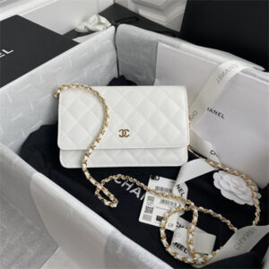 Cha.nel Wallet On Chain Grained Calfskin Gold Tone Metal White AP0250