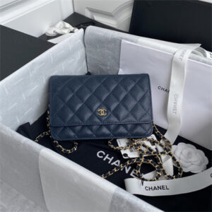 Cha.nel Wallet On Chain Grained Calfskin Gold Tone Metal Navy AP0250