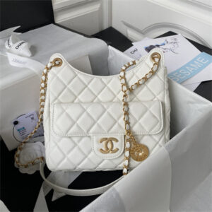 Chanel Hobo Bag Grained Calfskin Gold Tone Metal White AS3690
