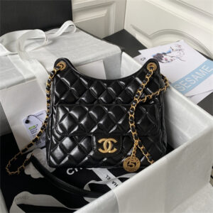 Chanel Hobo Bag Shinny Calfskin Gold Tone Metal Black AS3690