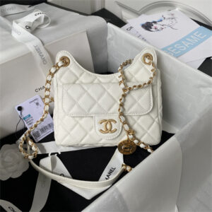 Chanel Small Hobo Bag Grained Calfskin Gold Tone Metal White AS3710