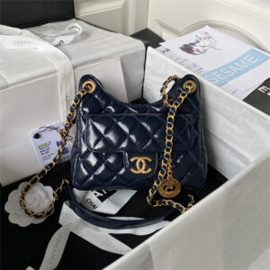 Chanel Small Hobo Bag Shinny Calfskin Gold Tone Metal Navy AS3710