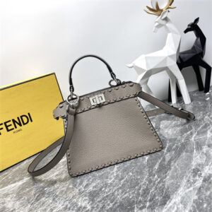Fen.di Peekaboo ISeeU Petite Cuoio Romano Leather Dove Grey Selleria bag with 306 hand-sewn topstitches