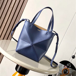 Loewe Mini Puzzle Fold Tote In Shinny Calfskin Anbyss Blue