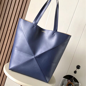 Loewe XL Puzzle Fold Tote In Shinny Calfskin Anbyss Blue