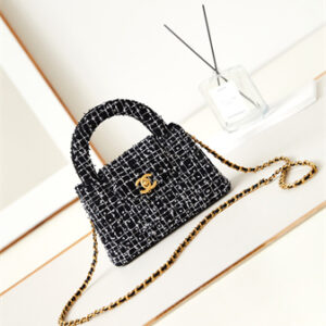 Cha.nel Mini Shopping Bag Kelly Bag Tweed Gold-Tone Metal Black/White AS4416