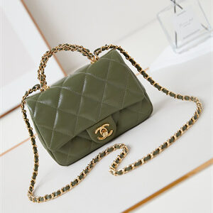 Cha.nel Mini Flap Bag with Top Handle Shiny Lambskin & Gold-Tone Metal Green AS5032